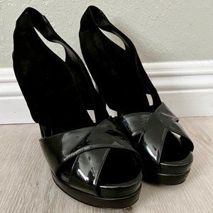 Fendi Black Patent Leather & Suede Platform Slingback Heels (Size 40.5 EU)